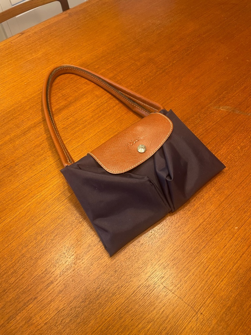 Longchamp Navy Nylon Tote with Brown Leather Trim - Picture 6 of 6
